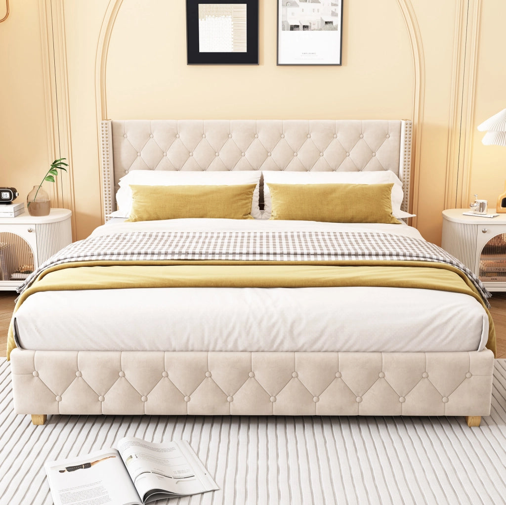 Letto imbottito 180x200 cm in velluto beige chiaro