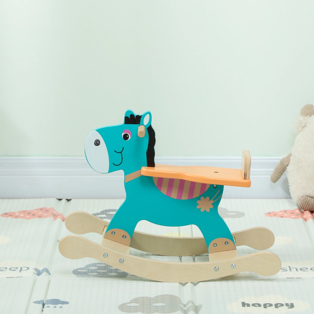 Cavallo a Dondolo Legno per Bambini ¨C zephmum ¨C Verde Scuro e Arancione 59x27x43 cm