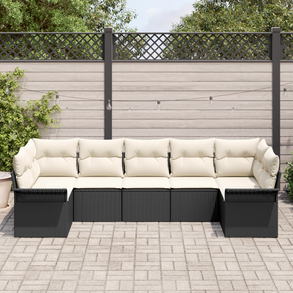 Set di divani da giardino 7 pezzi con cuscini rattan nero poli