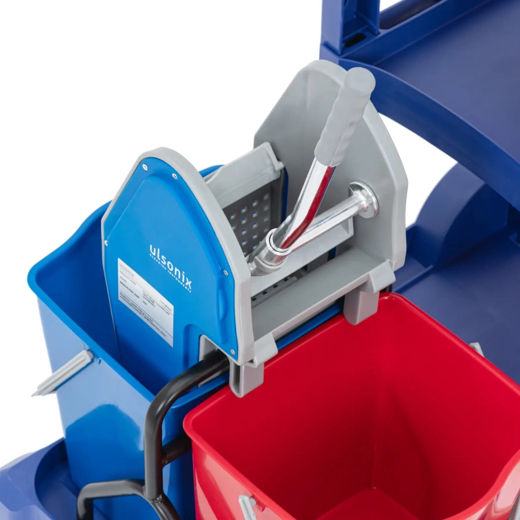 Carrello per la pulizia con 2 secchi con strizzatore e sacco per la biancheria 3 ripiani per un carico massimo di 200 kg blu PP PE 14_0008604