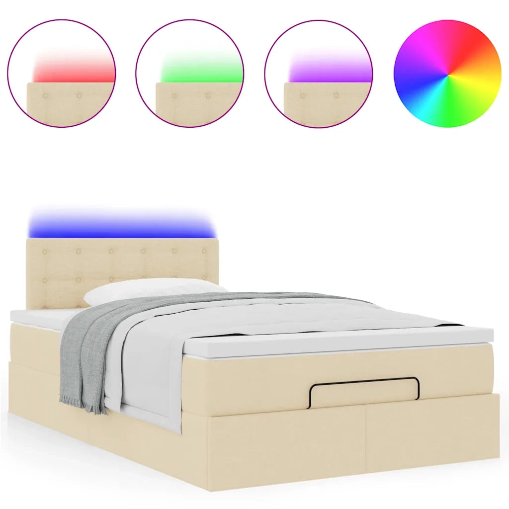 Pouf Letto con Materasso e LED Crema 120x190cm in Tessuto