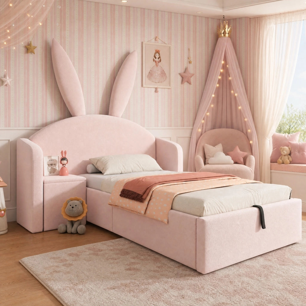 Letto contenitore 90x200 cm in velluto rosa con comodino contenitore