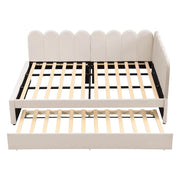 Letto matrimoniale 140×200 cm imbottito con letto estraibile; velluto beige; senza materasso
