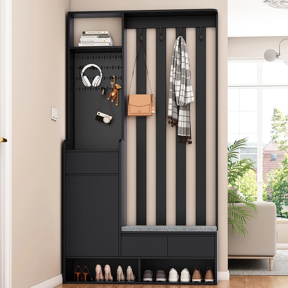 Portaabiti con panca imbottita - Xylo - H180/L100/P35 cm - Nero - Multifunzionale con porta scarpe e lavagna