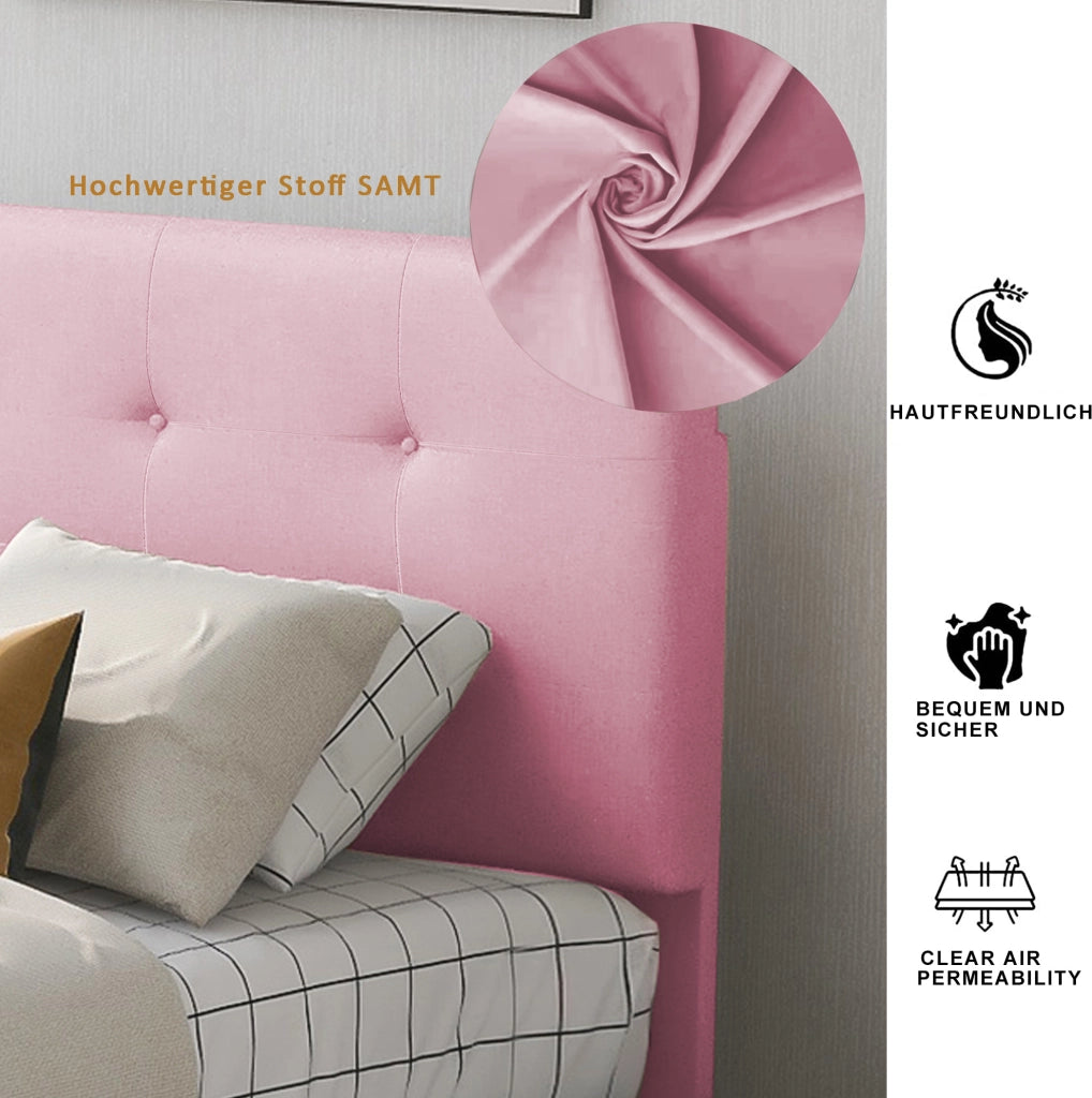 Letto imbottito 90x200 cm con rete a doghe; testiera e cassetto; velluto rosa