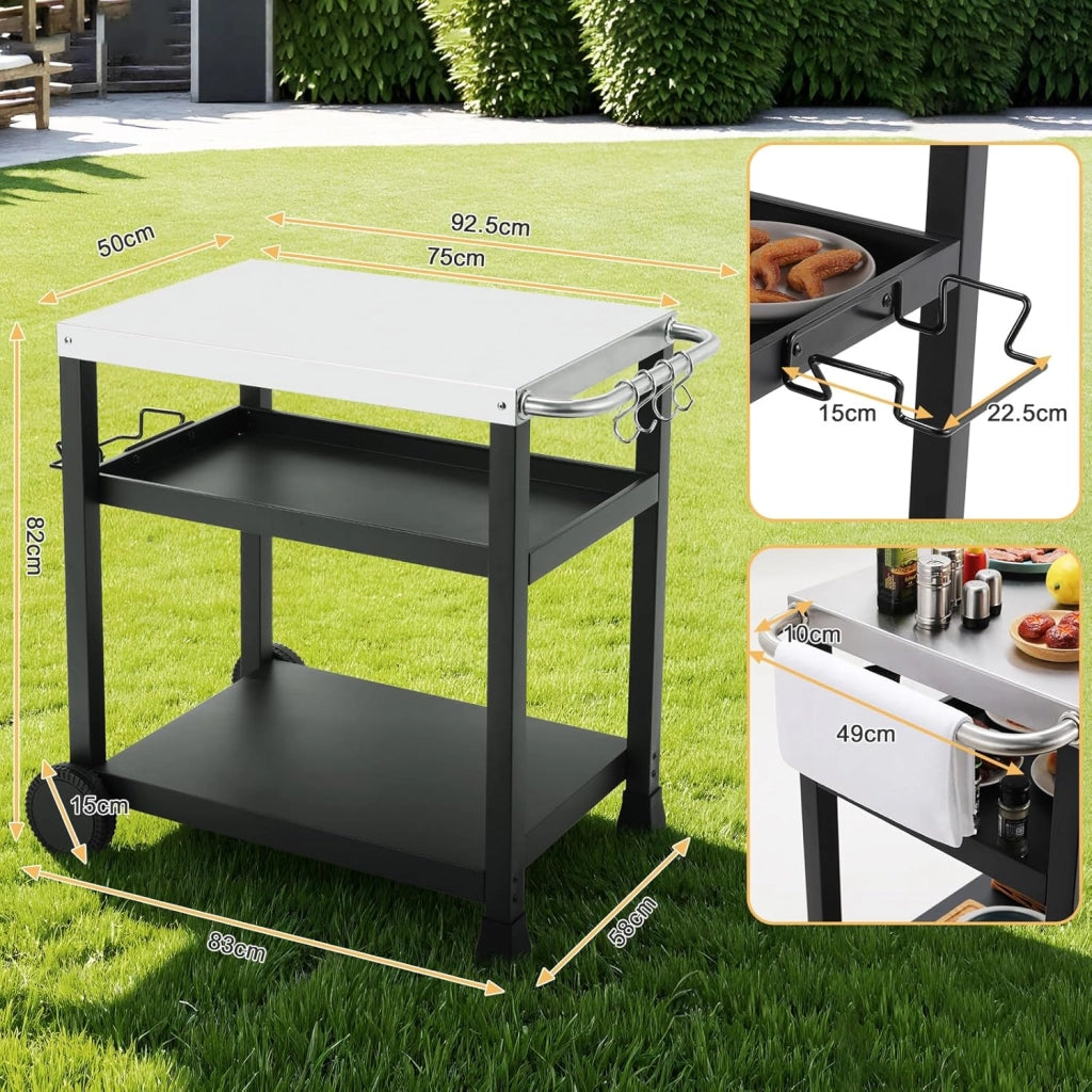 Acciaio Inox Carrello Barbecue 3 Ripiani, Tavolo BBQ con 2 Ruote Ganci,Carrello Cucina Esterna con Maniglia,Carrello di Servizio Cucina Esterni da Multiuso,per Casa Cortile Patio e Giardino