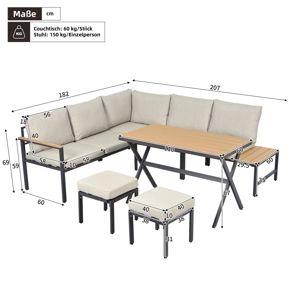 Set da Giardino 4 Pezzi con Divano Angolare, 2 Sgabelli e Tavolo ¨C MINIMAL ¨C Polyrattan e Acciaio, Grigio Beige