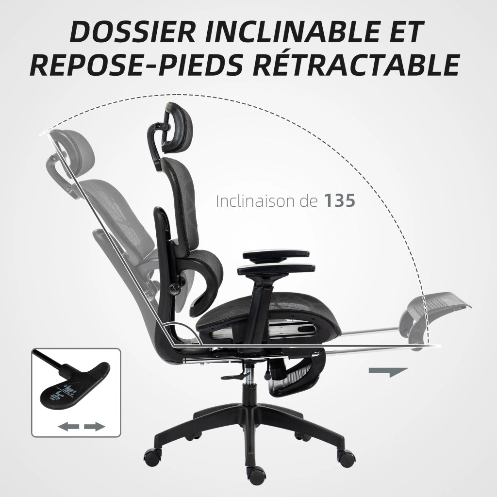 Sedia da ufficio ergonomica in rete con braccioli 3D, schienale reclinabile ¨C zephmum ¨C nero, 66x64x122 cm