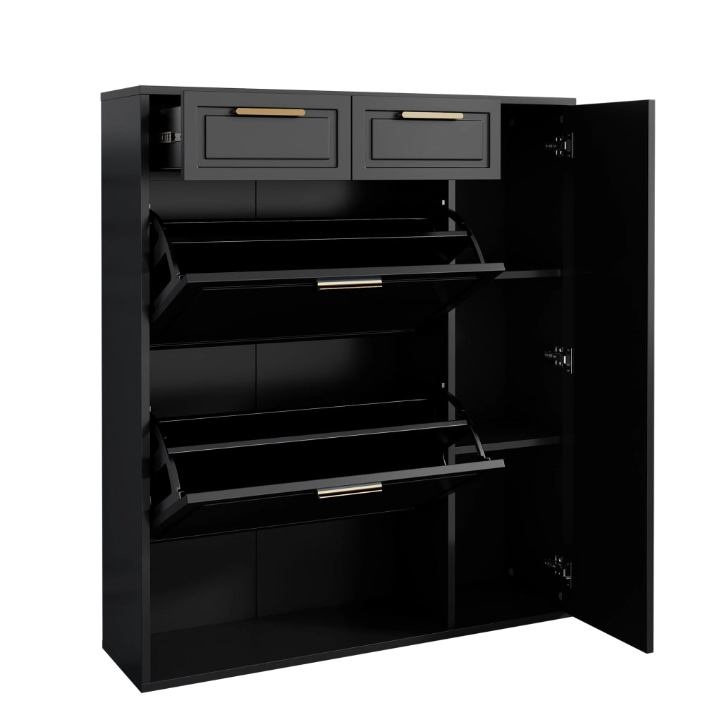 Mobile portascarpe nero con ripiani regolabili, cassetti e vani aperti, struttura in truciolare e MDF, 95x24x107 cm