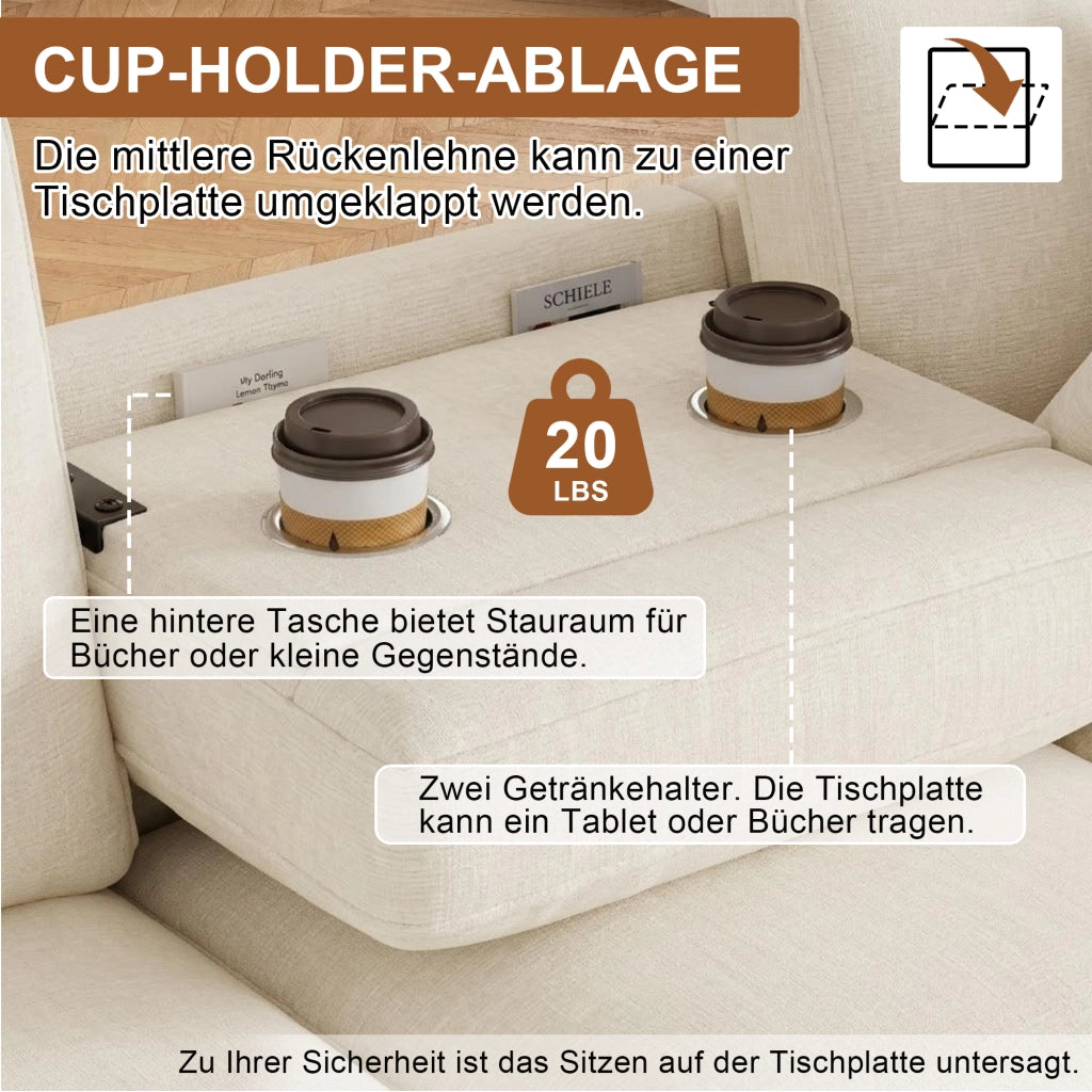 Divano angolare a L con chaise longue e vano contenitore, schienale ribaltabile con portabicchieri, in chenille beige
