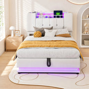 Letto imbottito per bambini 90x200 cm con LED, USB e contenitore idraulico, beige