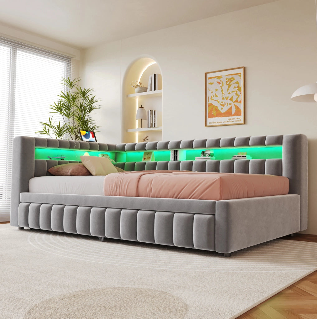 Divano letto estraibile 90x200 cm con LED, USB e vano portaoggetti