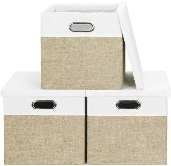 Set di contenitori di stoccaggio in lino - 3 pezzi - 28 x 28 x 28 cm - maniglie in acciaio inossidabile - ripiegabile e stivabile