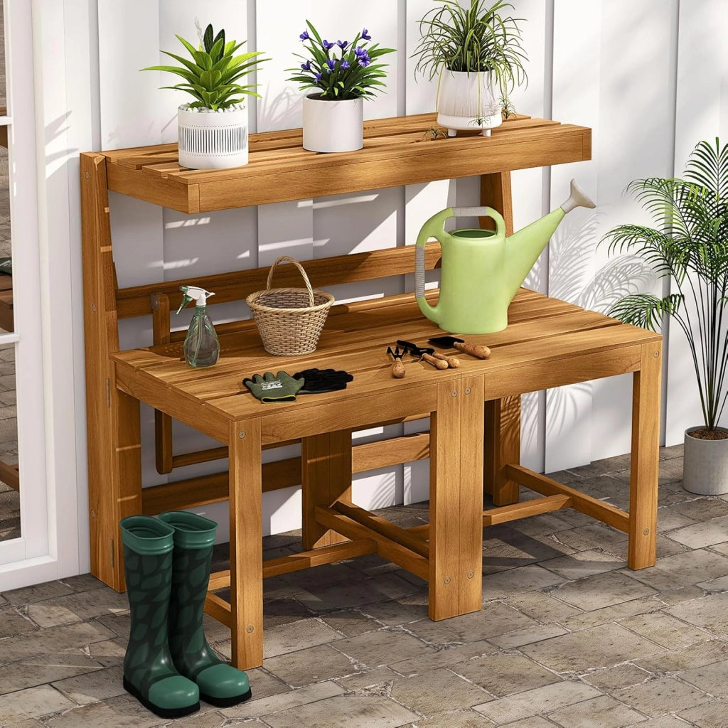 Panca Esterno Trasformabile 3 in 1, Panchina Giardino in Legno di Acacia con Schienale, Set Mobile Esterno con Tavolino e 2 Sedie, Supporto Piante per Terrazzo, Patio e Balcone