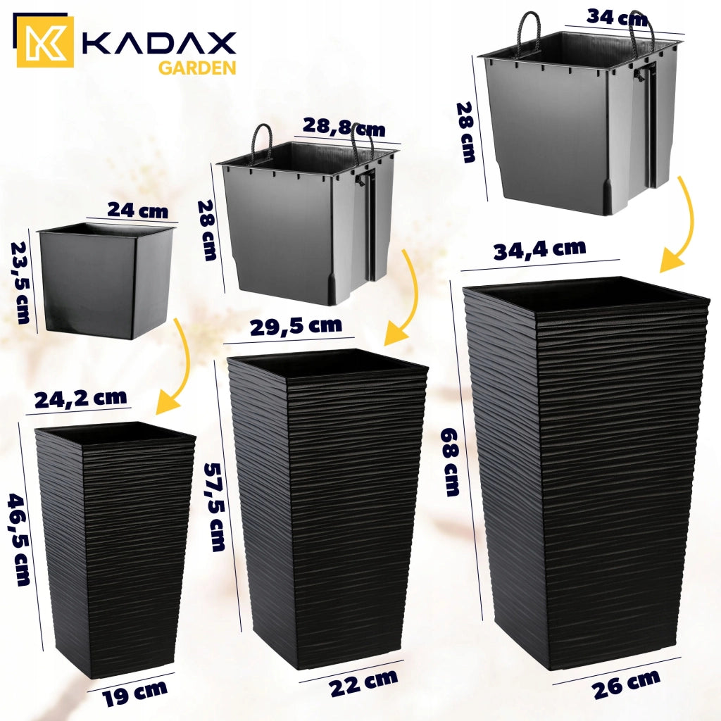 Set di 3 vasi da fiori KADAX, vasi da giardino + inserti, alti e grandi, neri, 47+57+68 cm