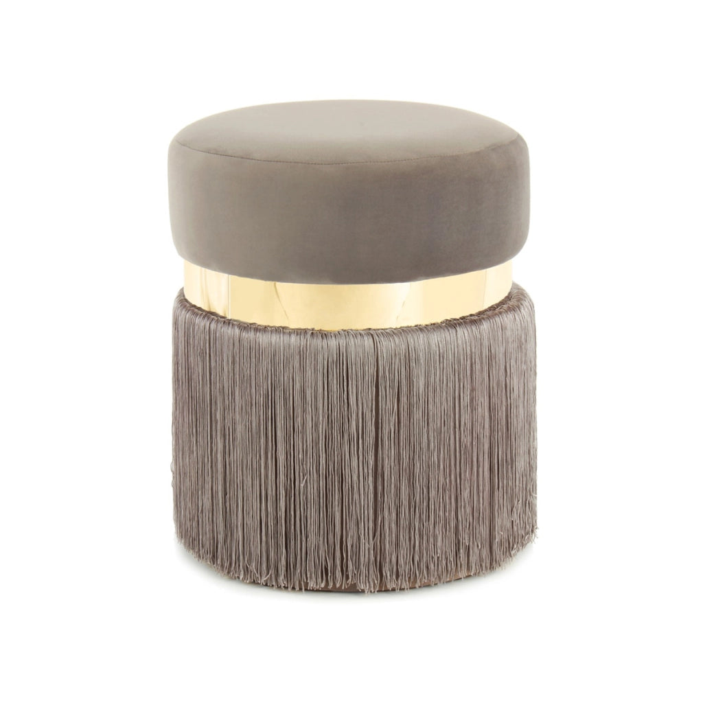 Pouf Rebecca in velluto taupe con frange e dettaglio oro