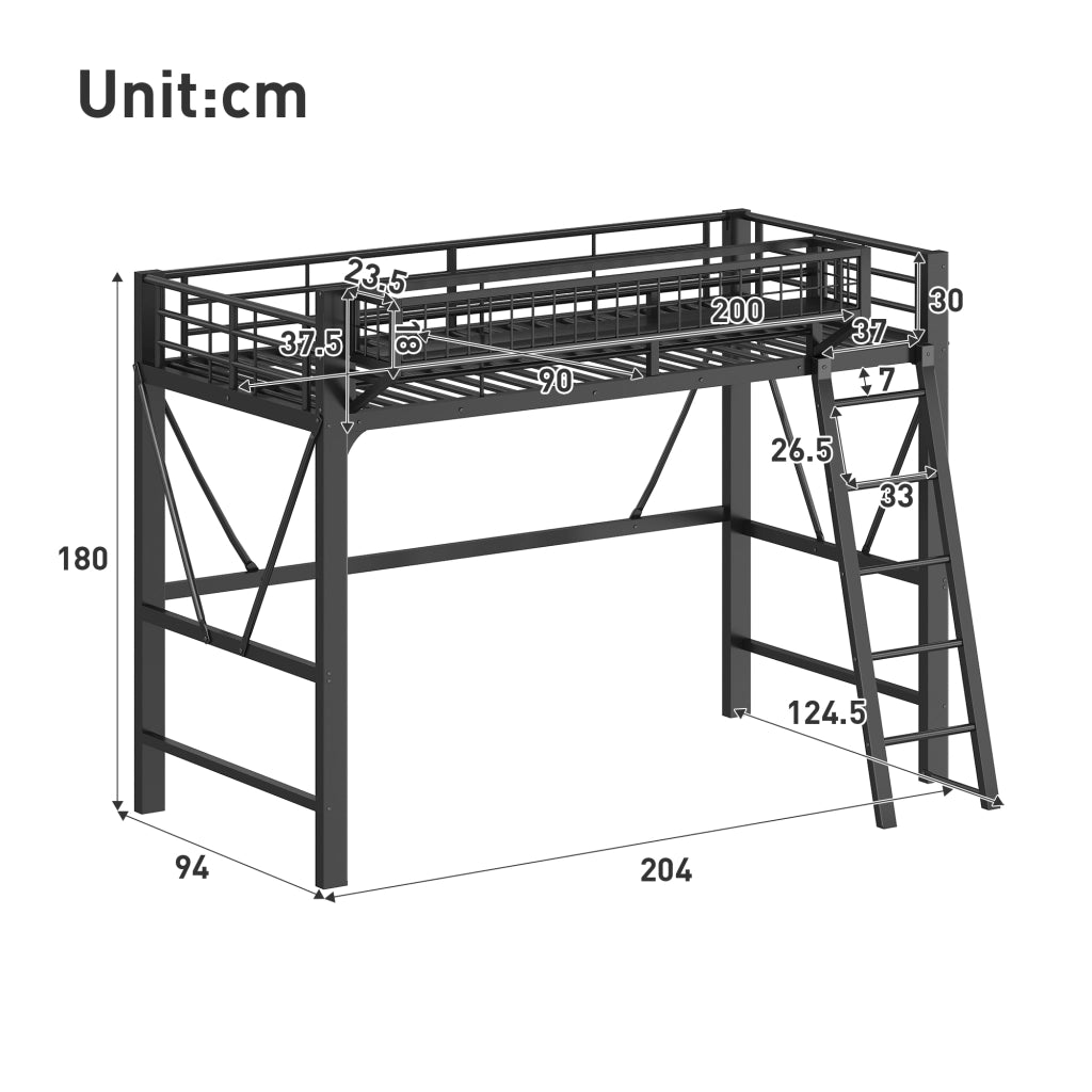 DESMIU Letto a soppalco 90 × 200 cm con cestino, luce LED e scala, senza materasso, in metallo, nero