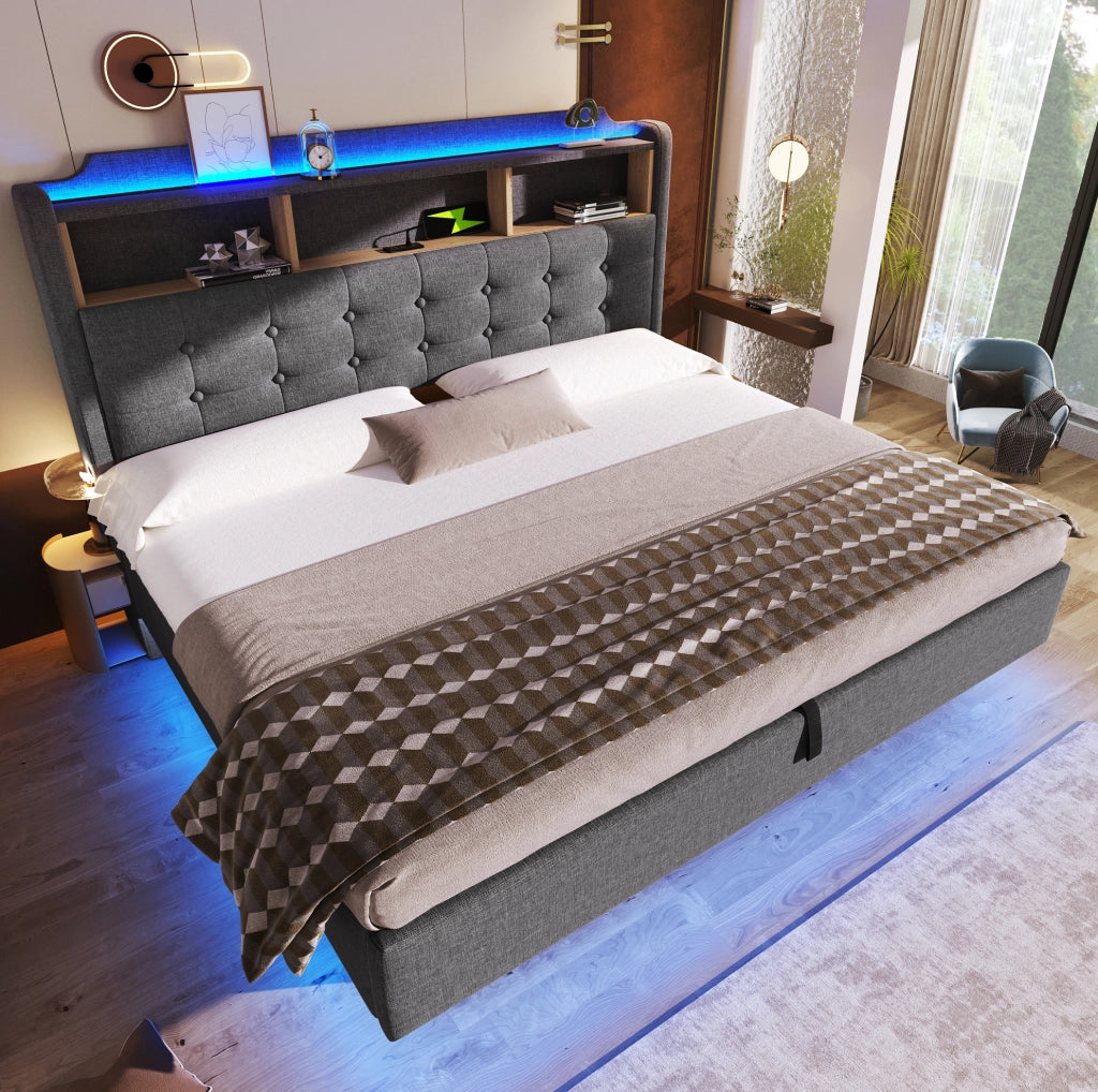 Letto imbottito 180x200 cm con LED, contenitore idraulico e porte USB