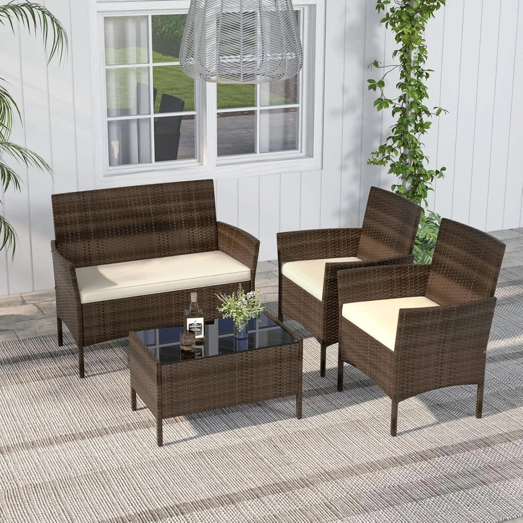 Soggiorno da giardino esterno per 4 persone in rattan PE, cuscini imbottiti, set da divano a 2 posti, 2 poltrone e tavolino in vetro temperato, mobili da terrazza per patio, balcone (marrone)