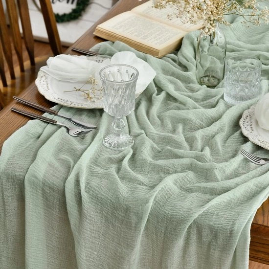 Tessuto di cotone gauze eucalipto e salvia verde, 80x300 cm, decorazione per tavolo da pranzo per interni, vacanza, matrimonio, festa, compleanno