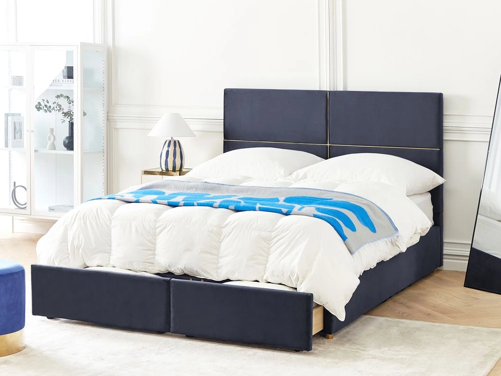 Letto con rete in velluto nero dorato 160 x 200 cm cassetti contenitori