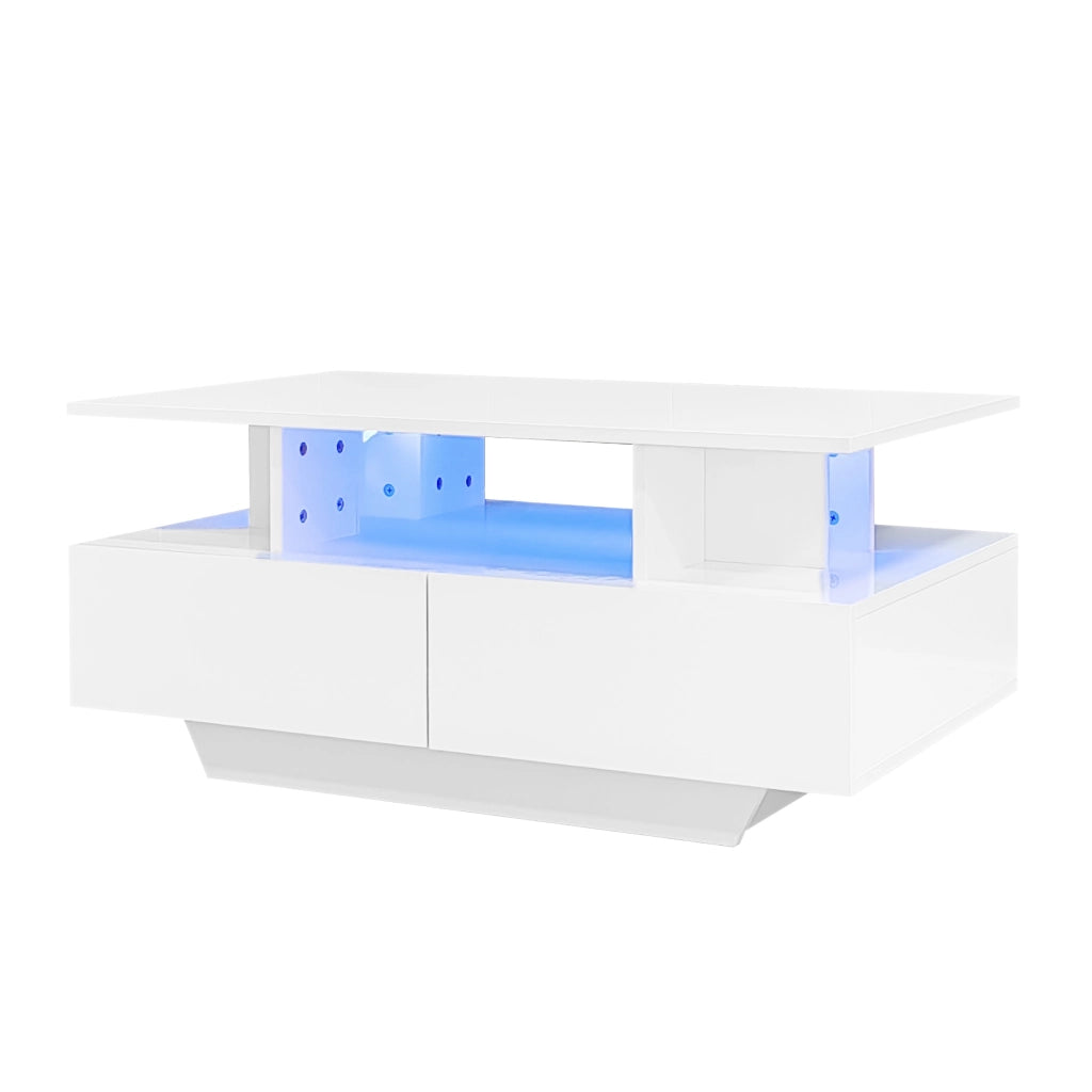 Tavolino da salotto moderno con LED e 2 cassetti; 90x55x41 cm; bianco