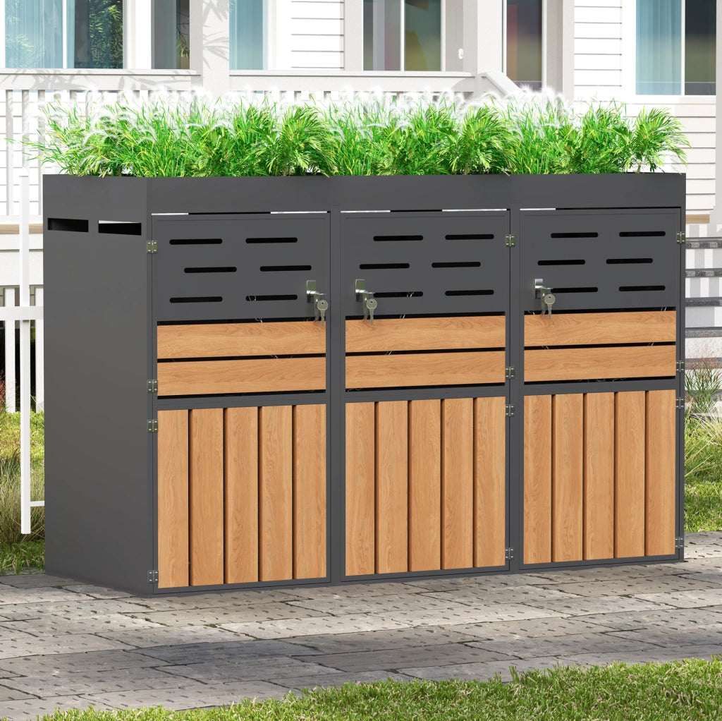 Armadio da esterno 2 in 1 con fioriera integrata 199x80x128 cm; in metallo grigio