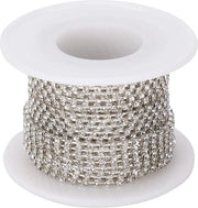 Catenella con Diamanti in Cristallo - 10 Metri - Rotolo di Nastro Decorativo - Cintura Brillante - Accessori per Abbigliamento - Diamanti Bianchi su Argento