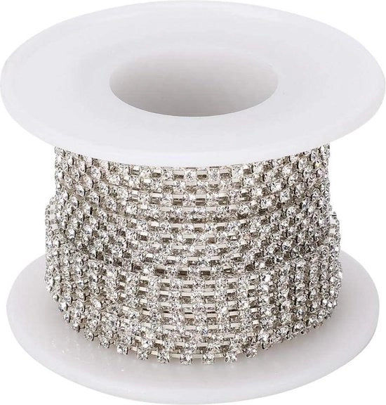 Catenella con Diamanti in Cristallo - 10 Metri - Rotolo di Nastro Decorativo - Cintura Brillante - Accessori per Abbigliamento - Diamanti Bianchi su Argento