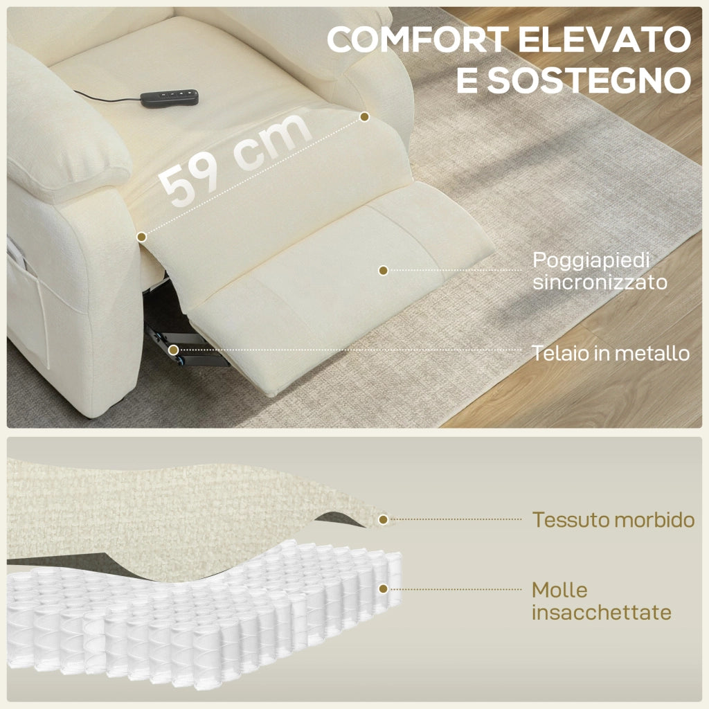 Poltrona Reclinabile 150¡ã Effetto Velluto con Poggiapiedi, Telecomando e Tasca Laterale, 96x90x105 cm, Bianca