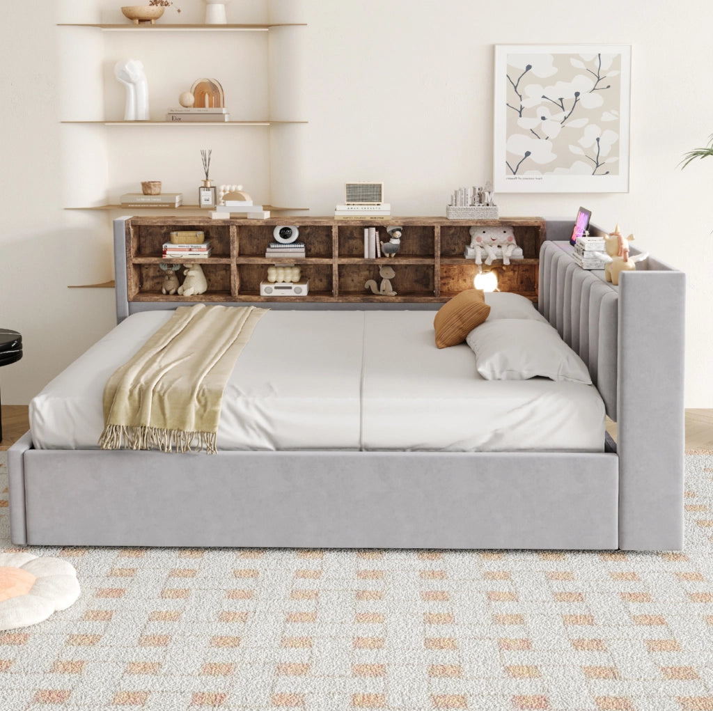 Letto imbottito 140x200 cm grigio chiaro in velluto con contenitore idraulico