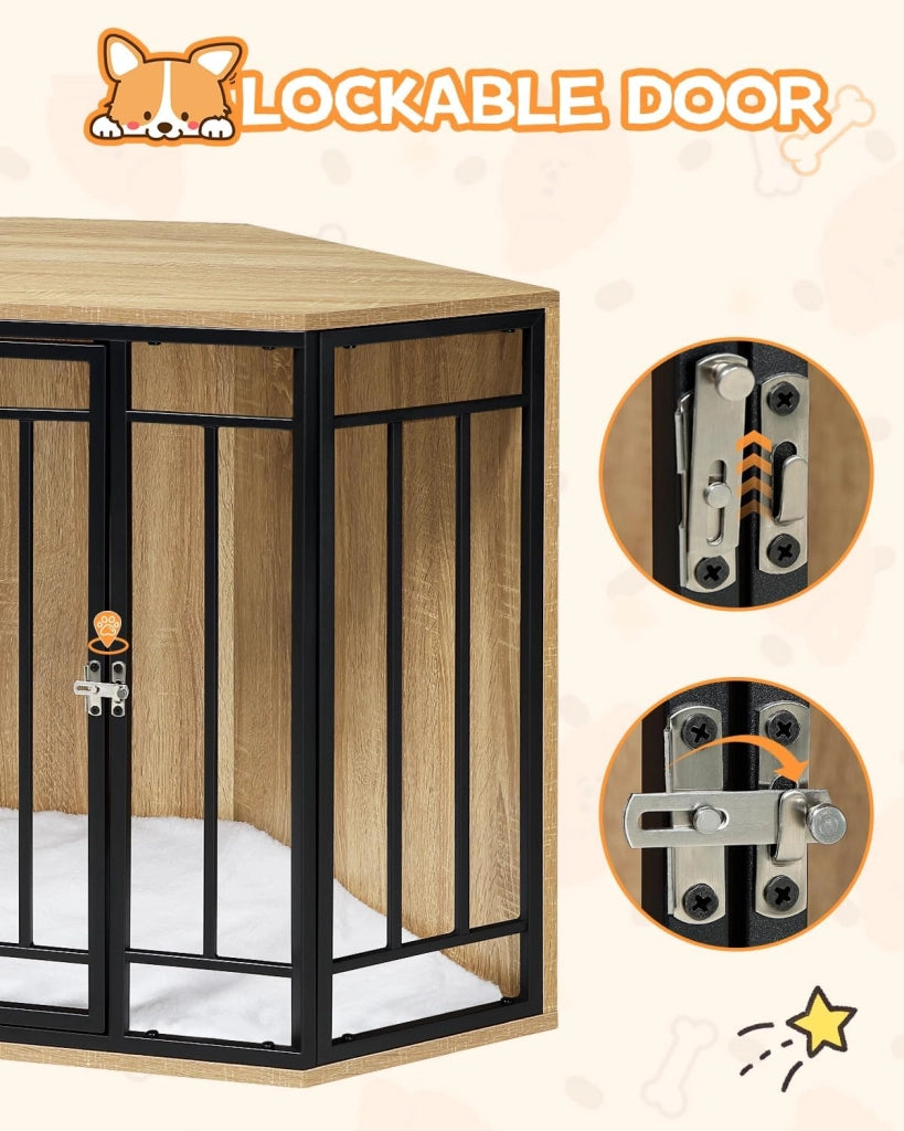 Gabbie per Cani da Interno, Gabbia per Cani ad Angolo, 111x60x67cm Kennel Cane Grande Media, Gabbia in Legno Decorativa con Porta Bloccabile, Sopporta Massima di 70kg