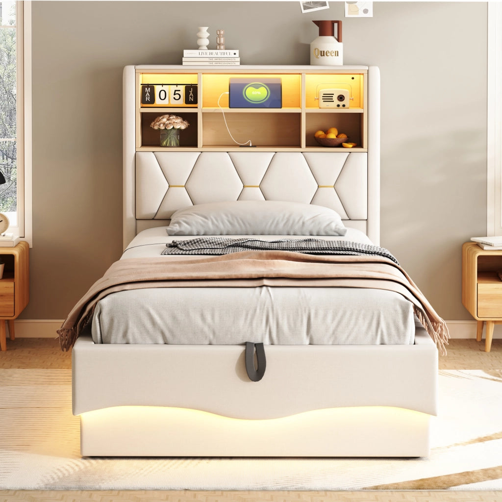 Letto contenitore singolo 90×200 cm con LED; USB e rete sollevabile; senza materasso; ferro; beige