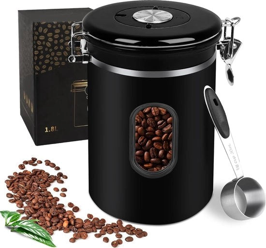 Contenitore a vuoto per caffè in acciaio inossidabile 1,8 l, contenitore a vuoto per caffè, contenitore per fagioli di caffè in acciaio inossidabile con finestra visiva valvola CO2 e cucchiaio di dosaggio, più lungo e versatile, duraturo