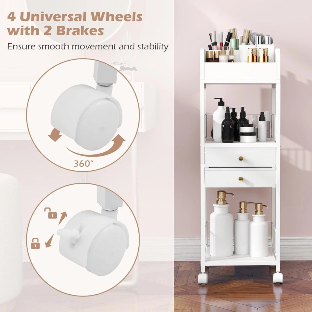 Carrello portaoggetti per cosmetici, organizer per trucchi, con 2 cassetti, 2 ripiani aperti e cubi, 4 ruote, 30 x 30 x 90 cm, carrello multifunzionale per bagno, camera da letto