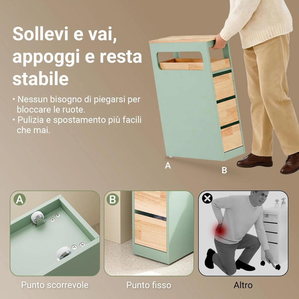 Mobiletto Bagno Salvaspazio con Ruote, Mobile Compatto con 3 Cassetti, per WC, Armadietto Bagno in Legno, Facile da Spostare, Verde, 65x24x82cm, BZR54-II-GR