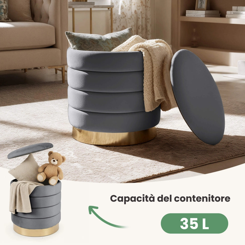 Pouf contenitore cilindrico in velluto 40 cm LUNA Grigio Scuro