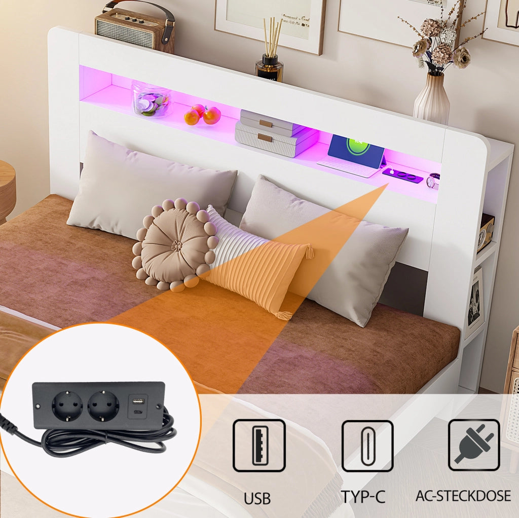 Letto matrimoniale 180x200 cm in legno bianco con testiera portaoggetti; LED e prese integrate