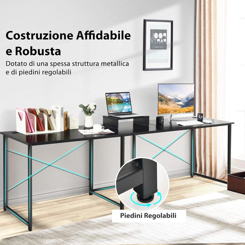 Scrivania Angolare per Computer con Supporto per Monitor, Scrivania Porta PC in Legno, Scrivania Salvaspazio e Moderna per Ufficio e Studio, 240 x 60 x 74 cm (Nero)
