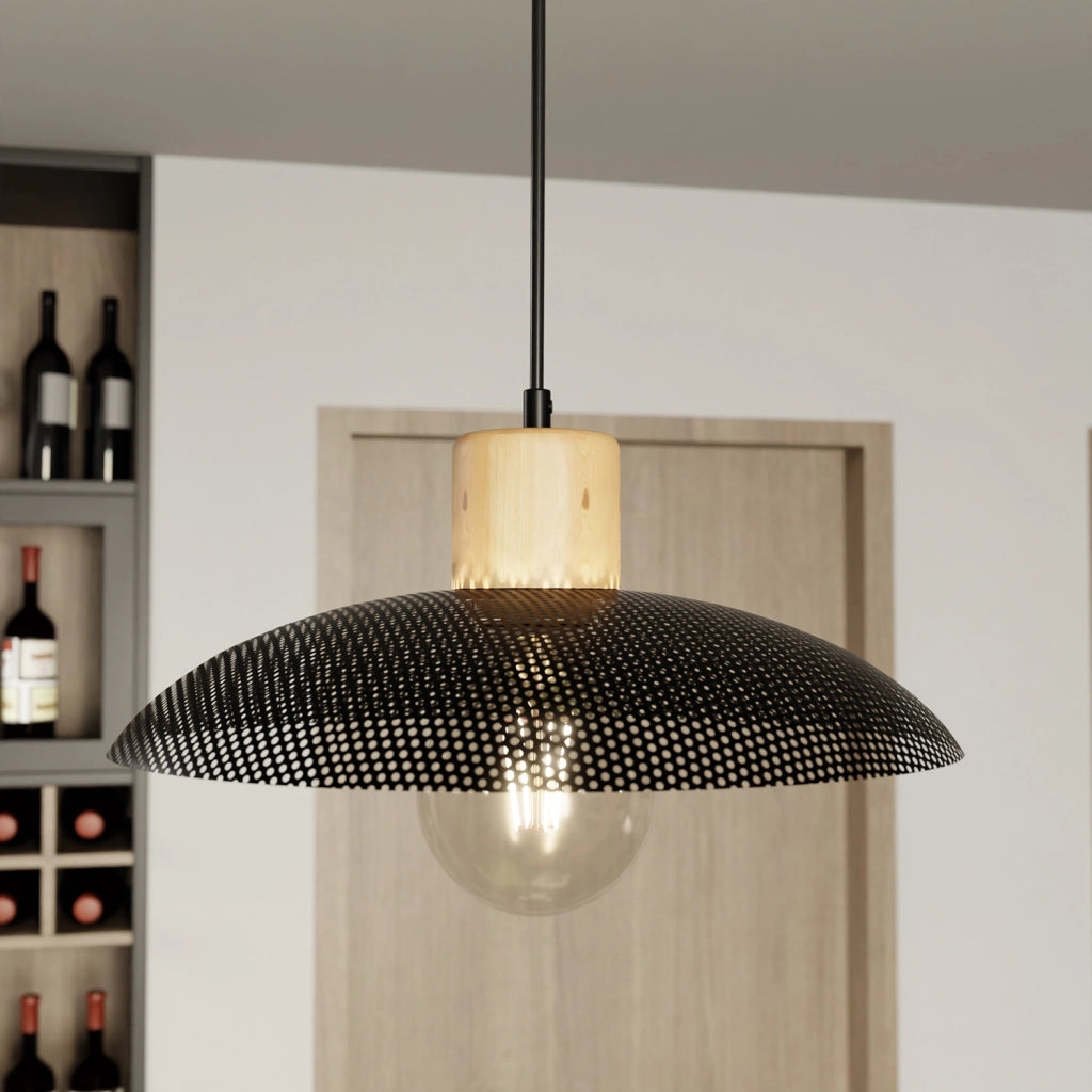 Sospensione Nordica Ishtar 1 Luce In Legno E Acciaio Nero