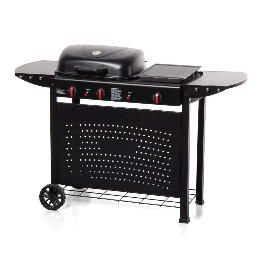 Barbecue a Gas Cheffo a 3 Fuochi Accensione Piezoelettrica 130,5x50,5x93 cm Potenza 8,5 kW in Acciaio Nero