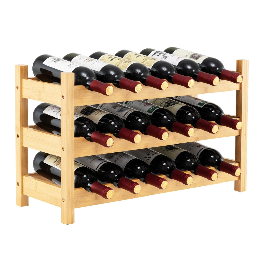 Portabottiglie di vino a 3 ripiani in bamb¨´-Supporto per 18 bottiglie da tavolo con fessura a onda per cucina Naturale