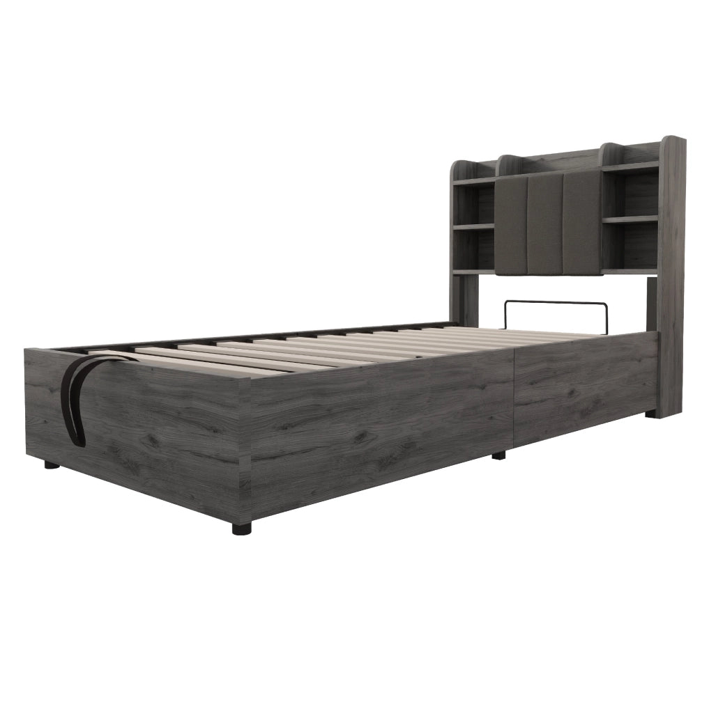 Letto singolo 90x200 cm con contenitore idraulico, USB e USB-C in MDF e compensato grigio