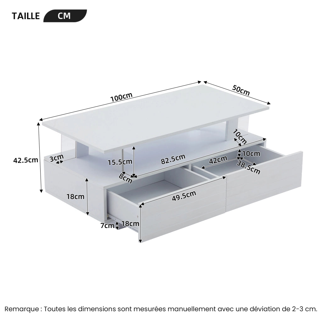 Tavolino da caffè con 2 cassetti; LED - per soggiorno - 100×50×42 cm - bianco