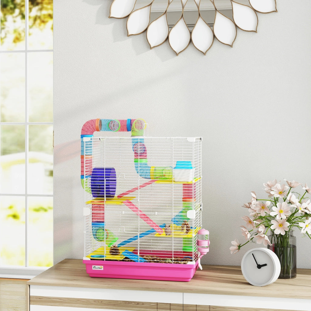 Gabbia per Criceti con Tunnel Piattaforme Ciotola Abbeveratoio Casetta Rampe Ruota ¨C Xylo ¨C Rosa 46x30x58cm