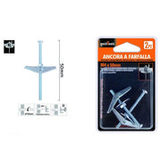 Trade Shop - Set 2 Pz Ancora A Farfalla In Acciaio Con Dado E Rondella Tassello M4x50mm 57224 -