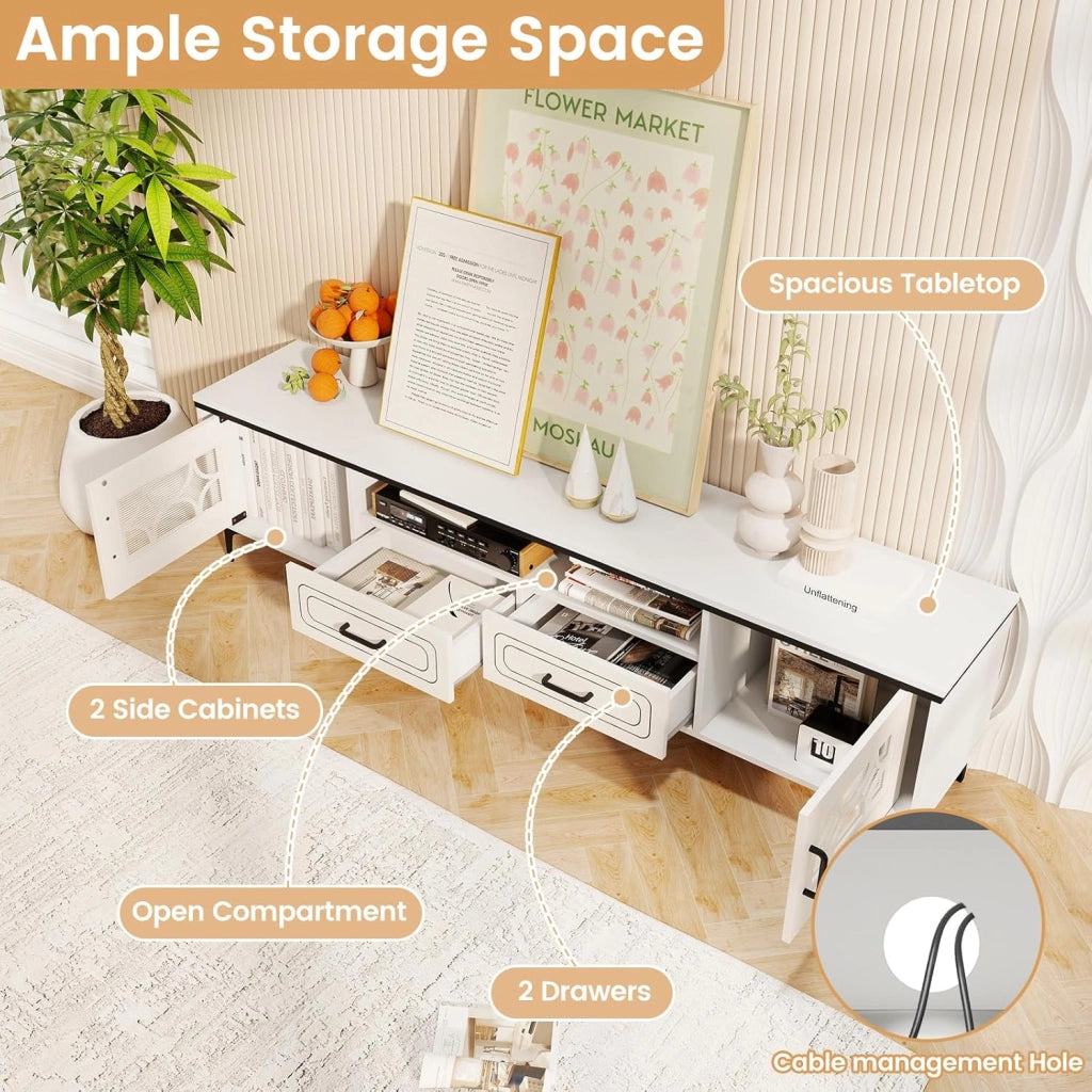 Mobile TV per TV fino a 80", supporto TV con scomparti aperti, armadi laterali e cassetti, 180,5 x 35 x 46 cm, porte con piano in PVC, per soggiorno, camera da letto (bianco)