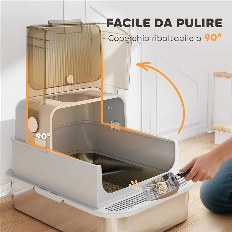 LETTIERA PER GATTI CHIUSA XXL IN ACCIAIO INOX, COPERCHIO APRIBILE A 90¦ E DOPPIE PORTE, 70X50X46.5 CM, GRIGIO
