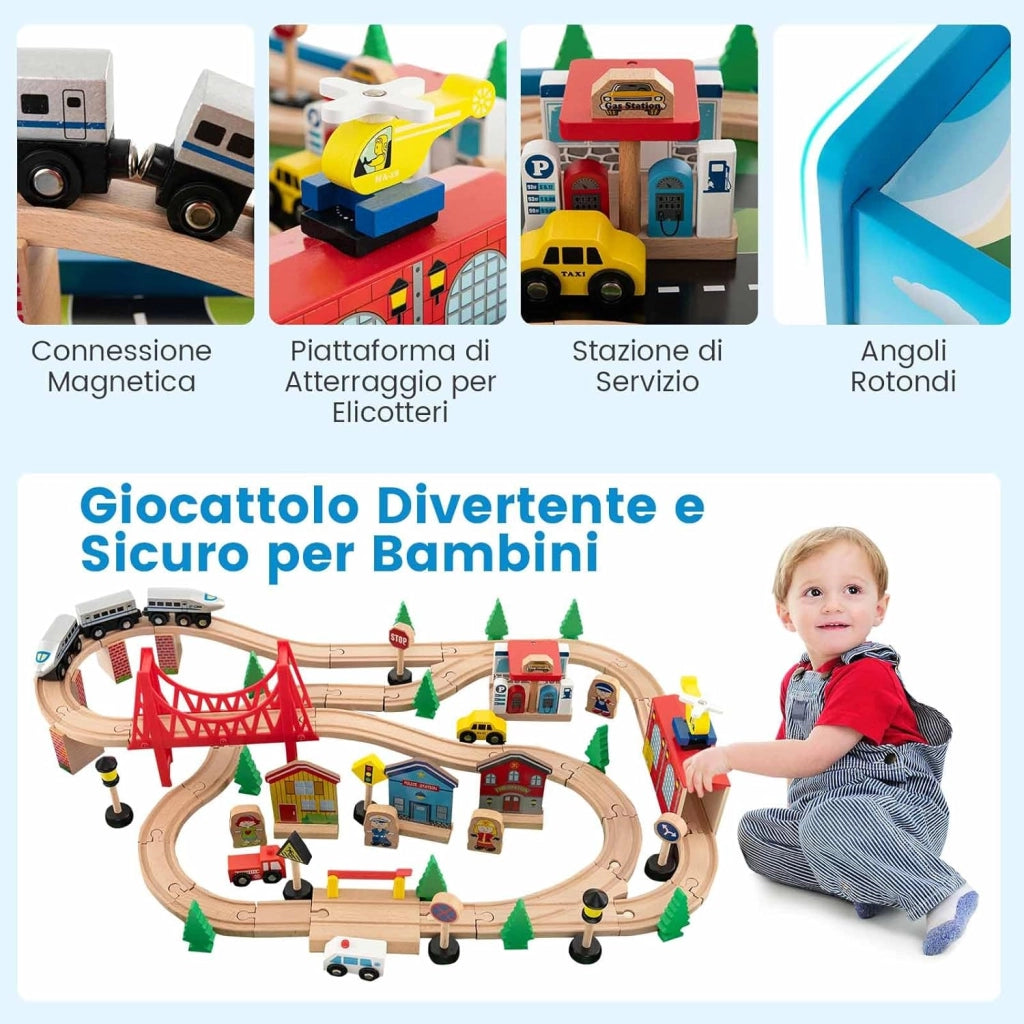 Tavolo e Set di Trenini in Legno, Tavolo Reversibile e Staccabile e Binari in Legno Massiccio, Set da Gioco Creativo 84/80 Pezzi, per Bambini 3 Anni+ (Stile 2)