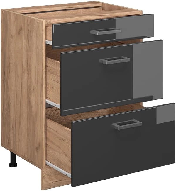 Mobiletto base per cucina R-Line, Antracite lucido, 60 cm con cassetti, senza piano di lavoro, per la libera combinazione all'interno di sistemi cucina modulari